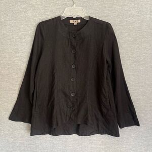 FLAX Lagenlook Linen Top Womens Small Black Artsy High Low Swing Blouse Pockets